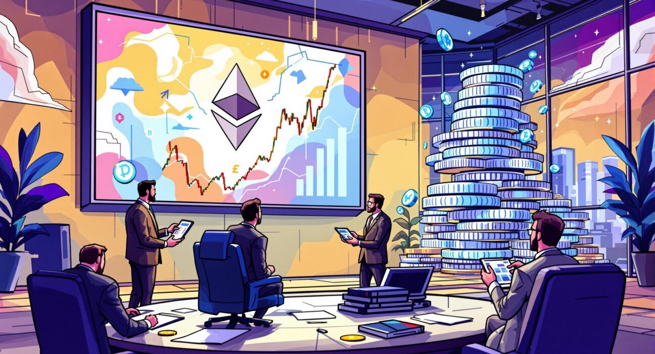 A vibrant cartoon illustration depicting corporate wealth and strategic ETH holdings in the digital asset landscape.