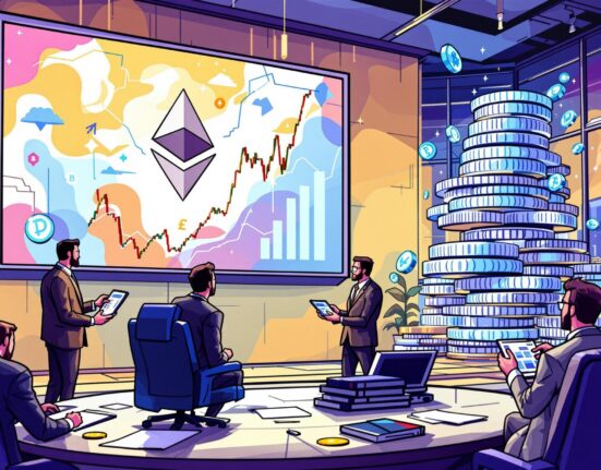 A vibrant cartoon illustration depicting corporate wealth and strategic ETH holdings in the digital asset landscape.