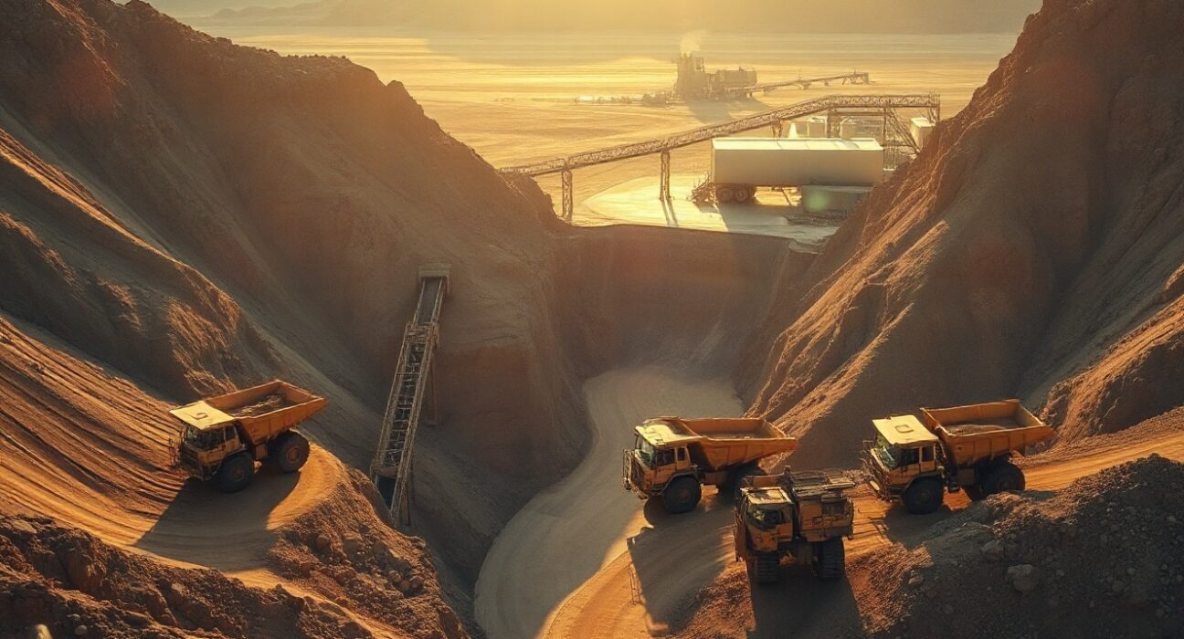 Aerial view of a large open-pit silver mine with heavy machinery and processing facilities at dawn.