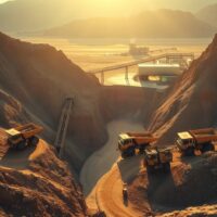 Aerial view of a large open-pit silver mine with heavy machinery and processing facilities at dawn.