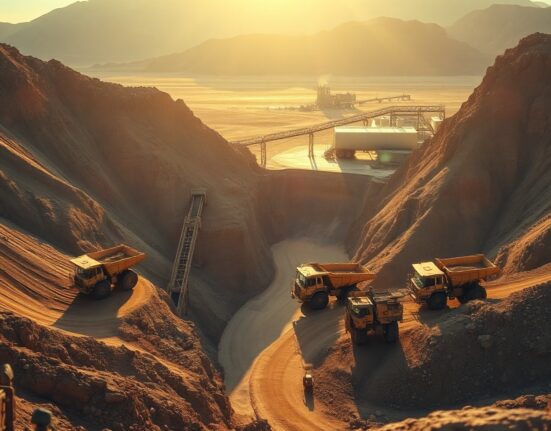 Aerial view of a large open-pit silver mine with heavy machinery and processing facilities at dawn.