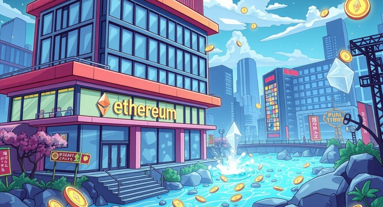 Cartoon illustration showing TORICO's strategic decision to purchase ETH for institutional cryptocurrency adoption.