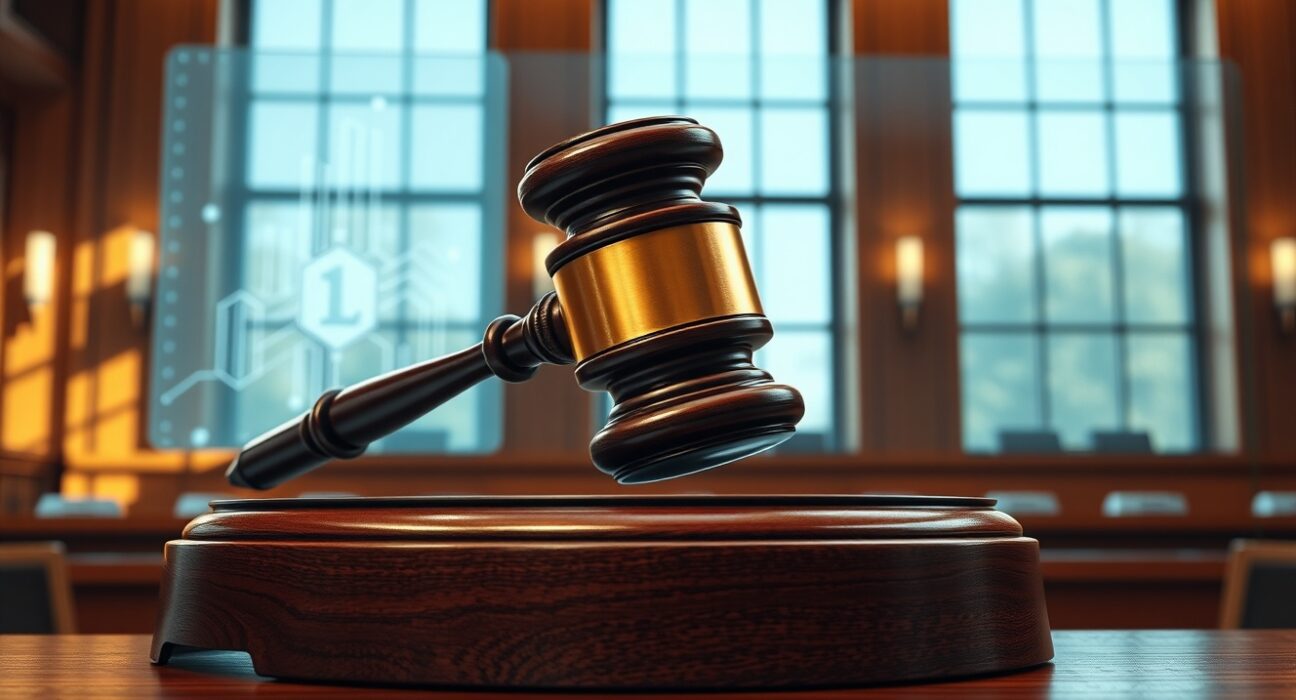 Courtroom scene with judge's gavel representing Tornado Cash legal decision