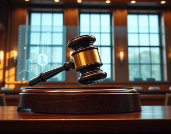 Courtroom scene with judge's gavel representing Tornado Cash legal decision