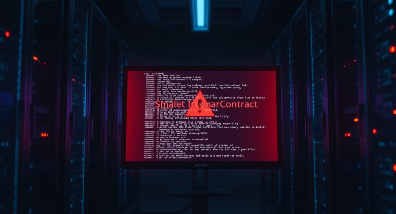 Computer monitor displaying smart contract code with a red warning symbol in a dimly lit server room