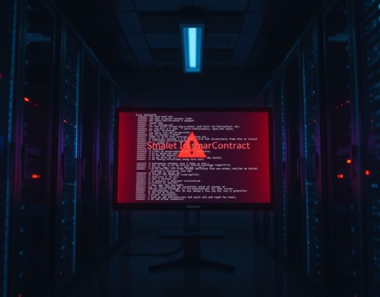 Computer monitor displaying smart contract code with a red warning symbol in a dimly lit server room
