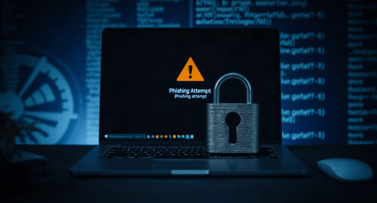 Laptop screen showing phishing warning with broken padlock, representing crypto theft