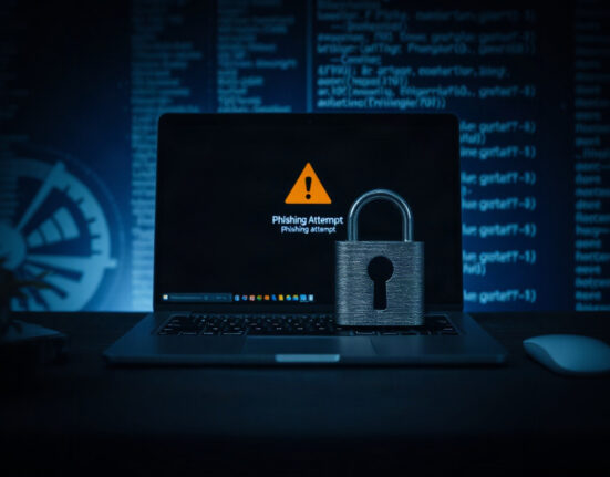 Laptop screen showing phishing warning with broken padlock, representing crypto theft