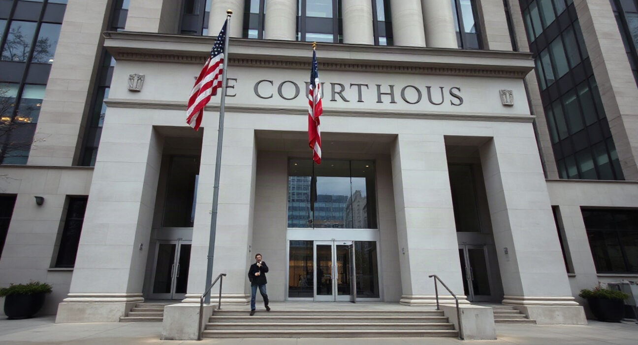 Federal courthouse building exterior with columns and flag, symbolizing the postponed retrial of Tornado Cash developer Roman Storm.