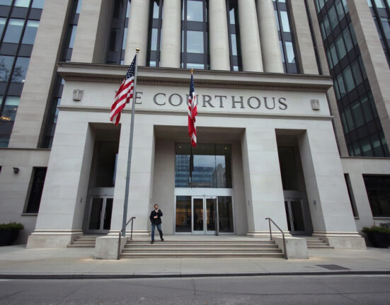 Federal courthouse building exterior with columns and flag, symbolizing the postponed retrial of Tornado Cash developer Roman Storm.
