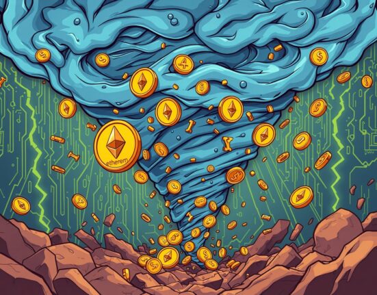 Explosive Tornado Cash transaction volume shown as swirling digital currency tornado