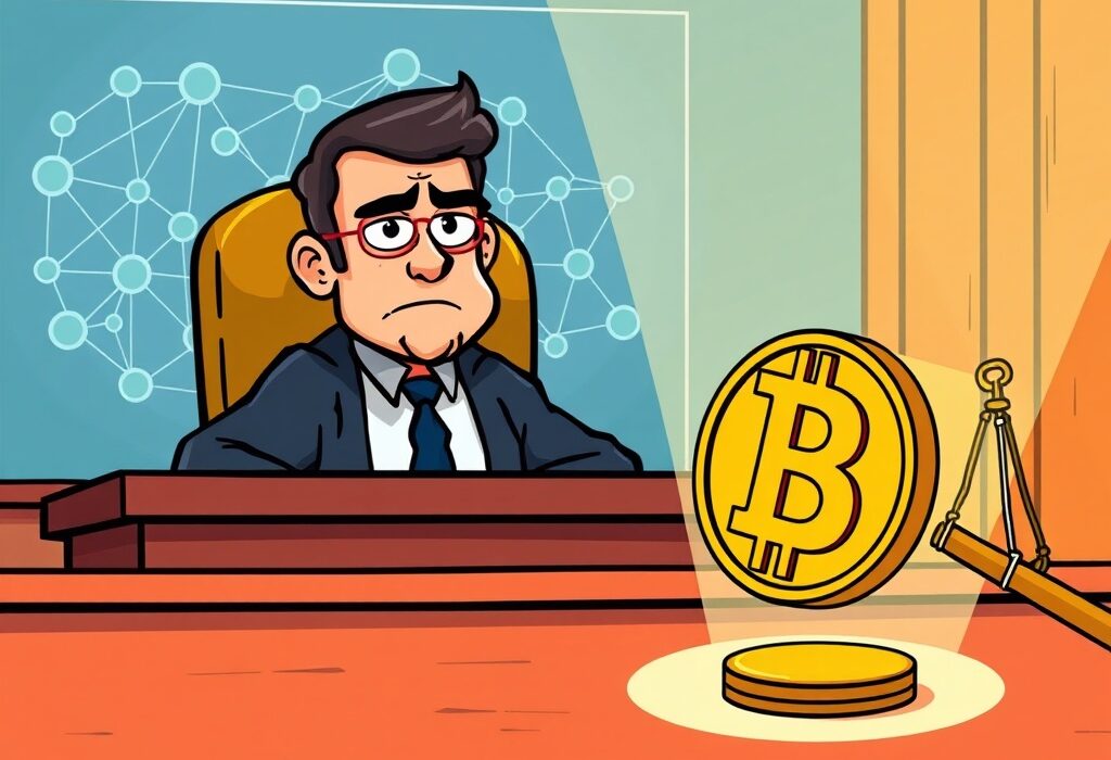 An illustration of a courtroom with digital elements, symbolizing the critical Tornado Cash trial and its implications for the crypto world.