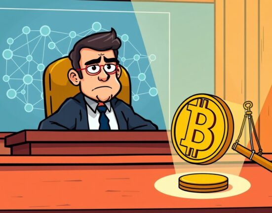 An illustration of a courtroom with digital elements, symbolizing the critical Tornado Cash trial and its implications for the crypto world.