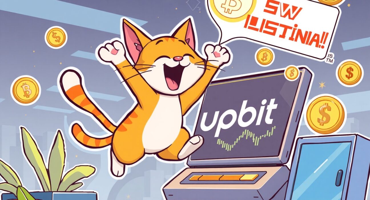 A cartoon cat celebrating a Toshi (TOSHI) listing on the Upbit exchange, symbolizing new investment opportunities.