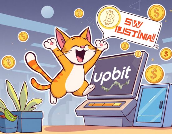 A cartoon cat celebrating a Toshi (TOSHI) listing on the Upbit exchange, symbolizing new investment opportunities.