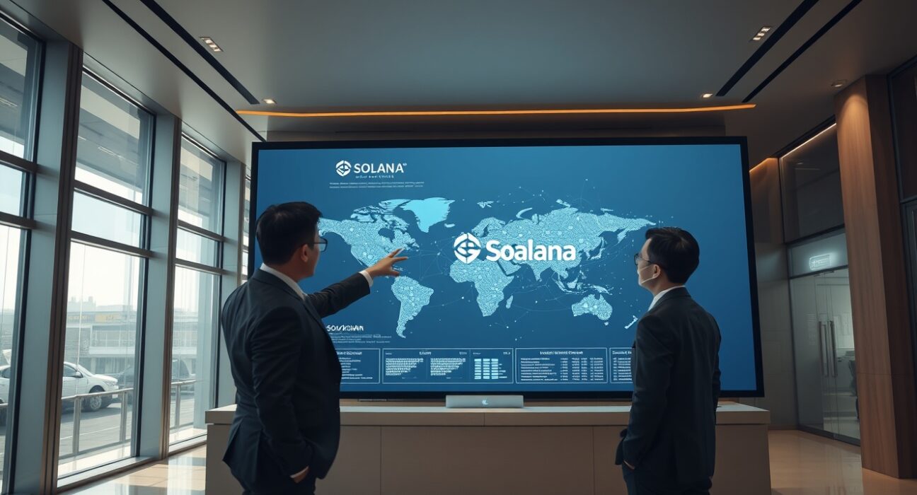 Toss Bank interior with blockchain network visualization on screen