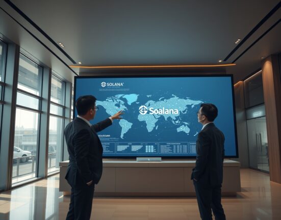 Toss Bank interior with blockchain network visualization on screen
