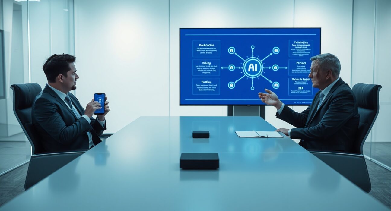 Two professionals discussing a blockchain and AI data partnership with Toss app and network diagram on screen