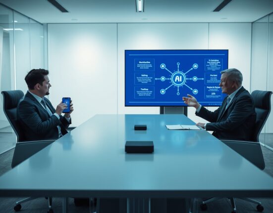 Two professionals discussing a blockchain and AI data partnership with Toss app and network diagram on screen