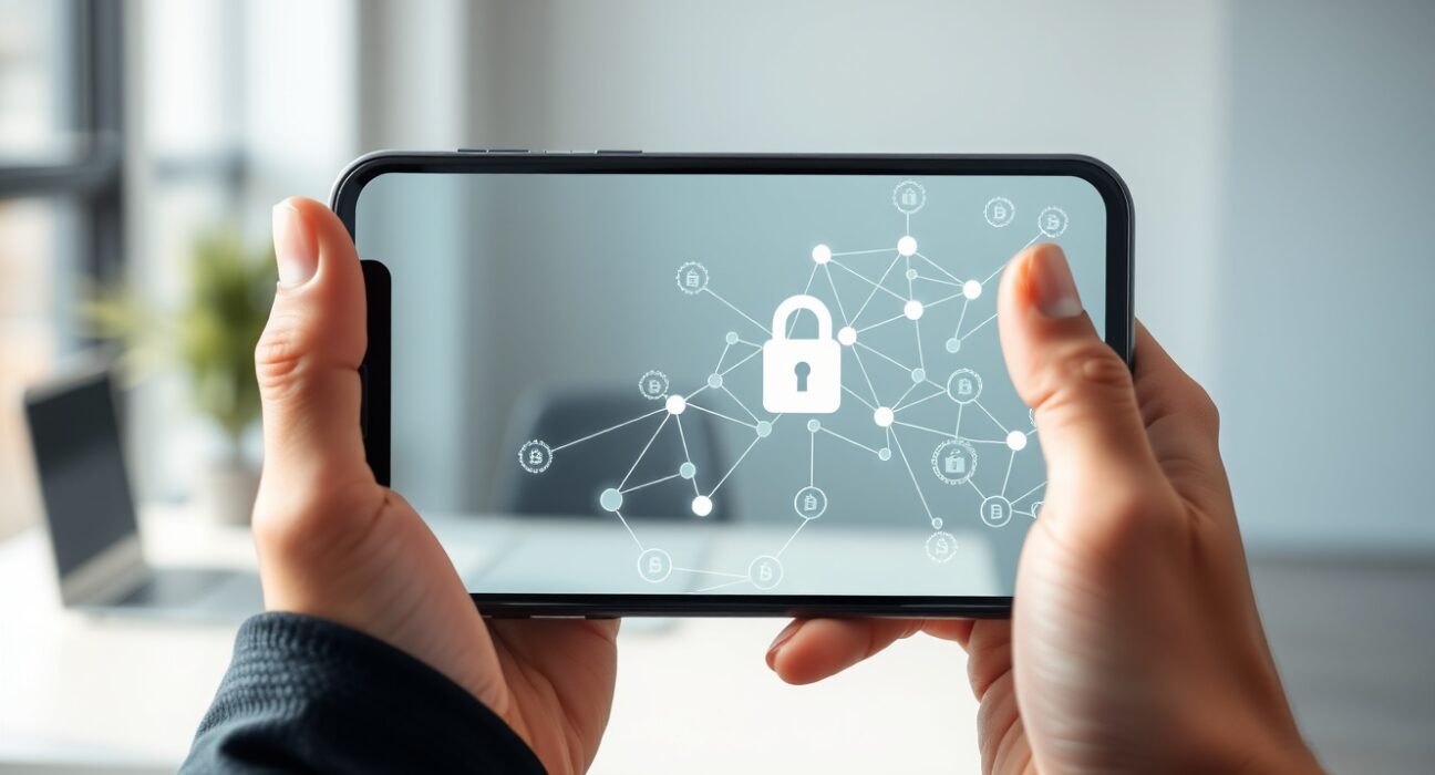 Blockchain payment infrastructure visualization on a smartphone screen, representing the Toss and KOMSCO fintech partnership.