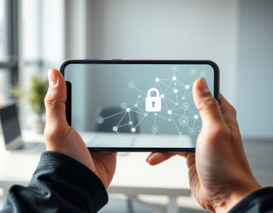 Blockchain payment infrastructure visualization on a smartphone screen, representing the Toss and KOMSCO fintech partnership.