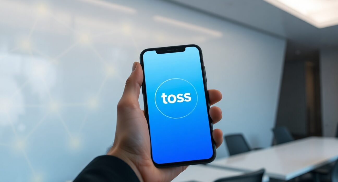 Toss fintech app on smartphone with blockchain network background representing Optimism partnership