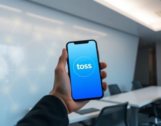 Toss fintech app on smartphone with blockchain network background representing Optimism partnership