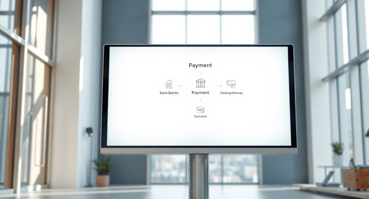 Digital payment infrastructure diagram on a screen in a modern office