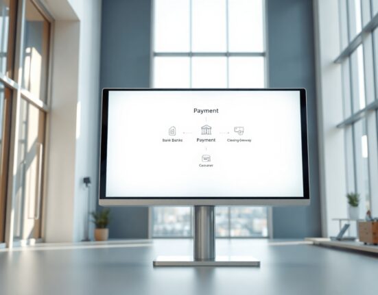 Digital payment infrastructure diagram on a screen in a modern office