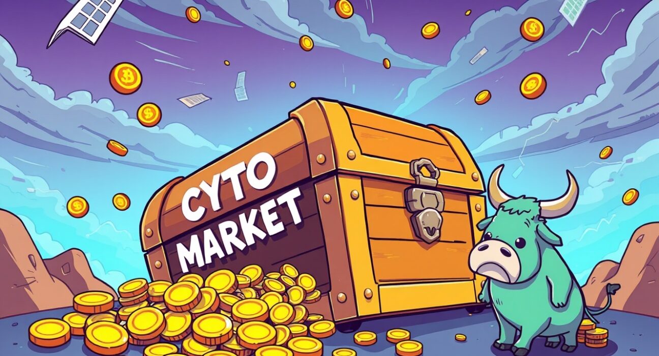 Total crypto market cap crashing below $3 trillion shown through spilled digital coins