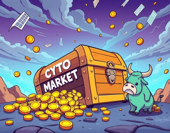 Total crypto market cap crashing below $3 trillion shown through spilled digital coins