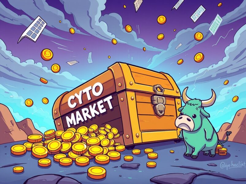 Total crypto market cap crashing below $3 trillion shown through spilled digital coins