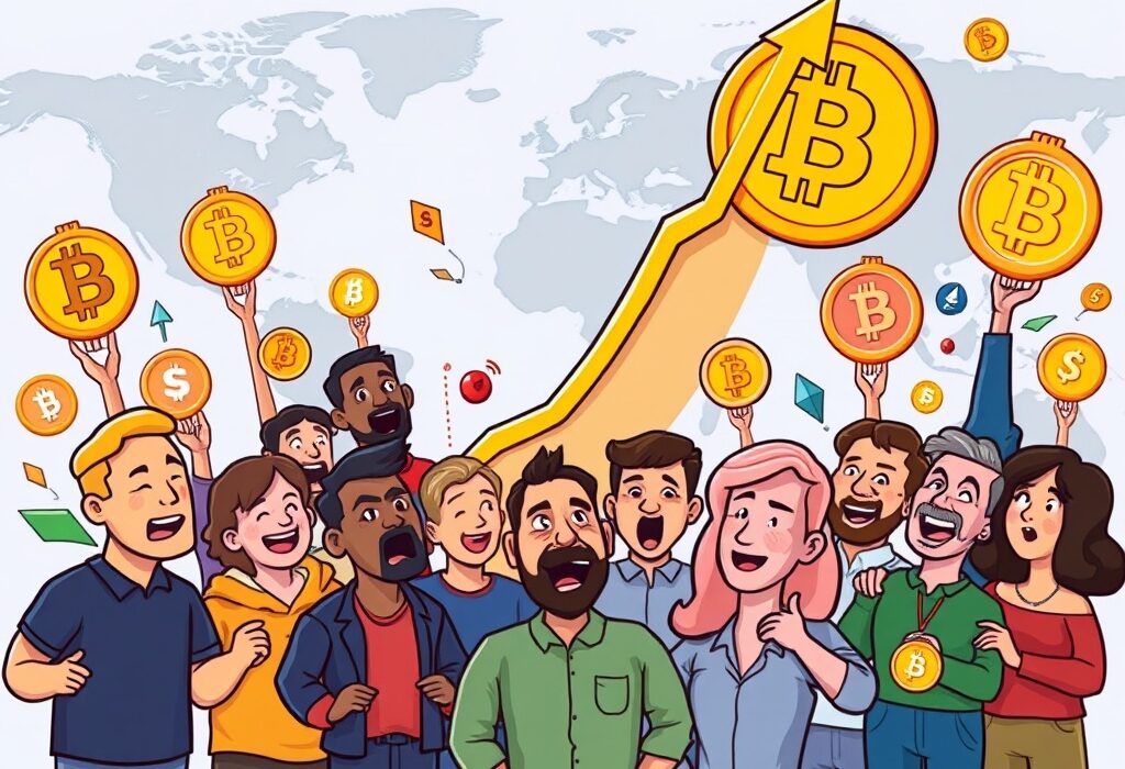 A vibrant cartoon illustrating the explosive growth of the total crypto market cap, symbolizing a significant financial milestone.