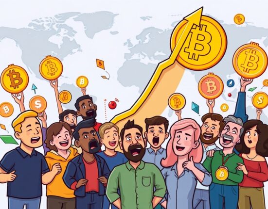 A vibrant cartoon illustrating the explosive growth of the total crypto market cap, symbolizing a significant financial milestone.