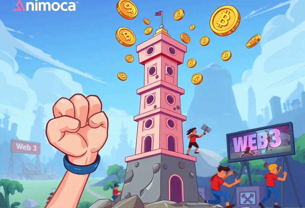 A vibrant cartoon showing Animoca Brands supporting the Tower Ecosystem, symbolizing growth in Web3 gaming.