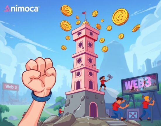 A vibrant cartoon showing Animoca Brands supporting the Tower Ecosystem, symbolizing growth in Web3 gaming.