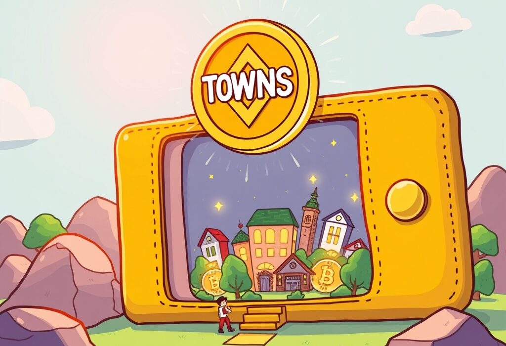 A cartoon illustration showing the excitement of TOWNS crypto being listed on Binance Alpha, symbolizing new opportunities.