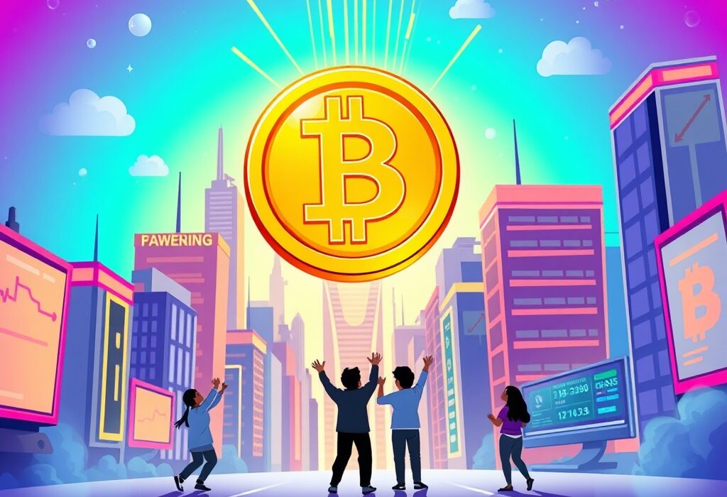 A cartoon illustration showing excitement around a new TOWNS Crypto Listing on a major exchange, symbolizing digital asset opportunities.