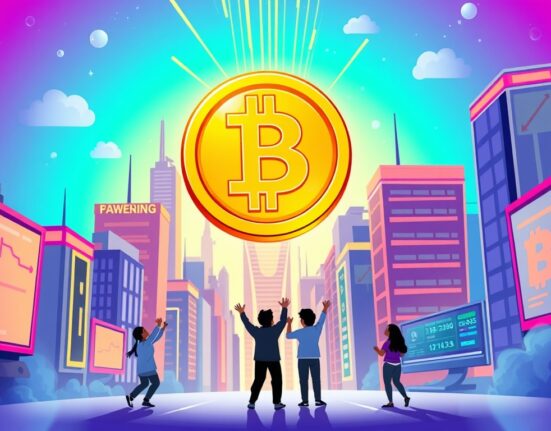 A cartoon illustration showing excitement around a new TOWNS Crypto Listing on a major exchange, symbolizing digital asset opportunities.