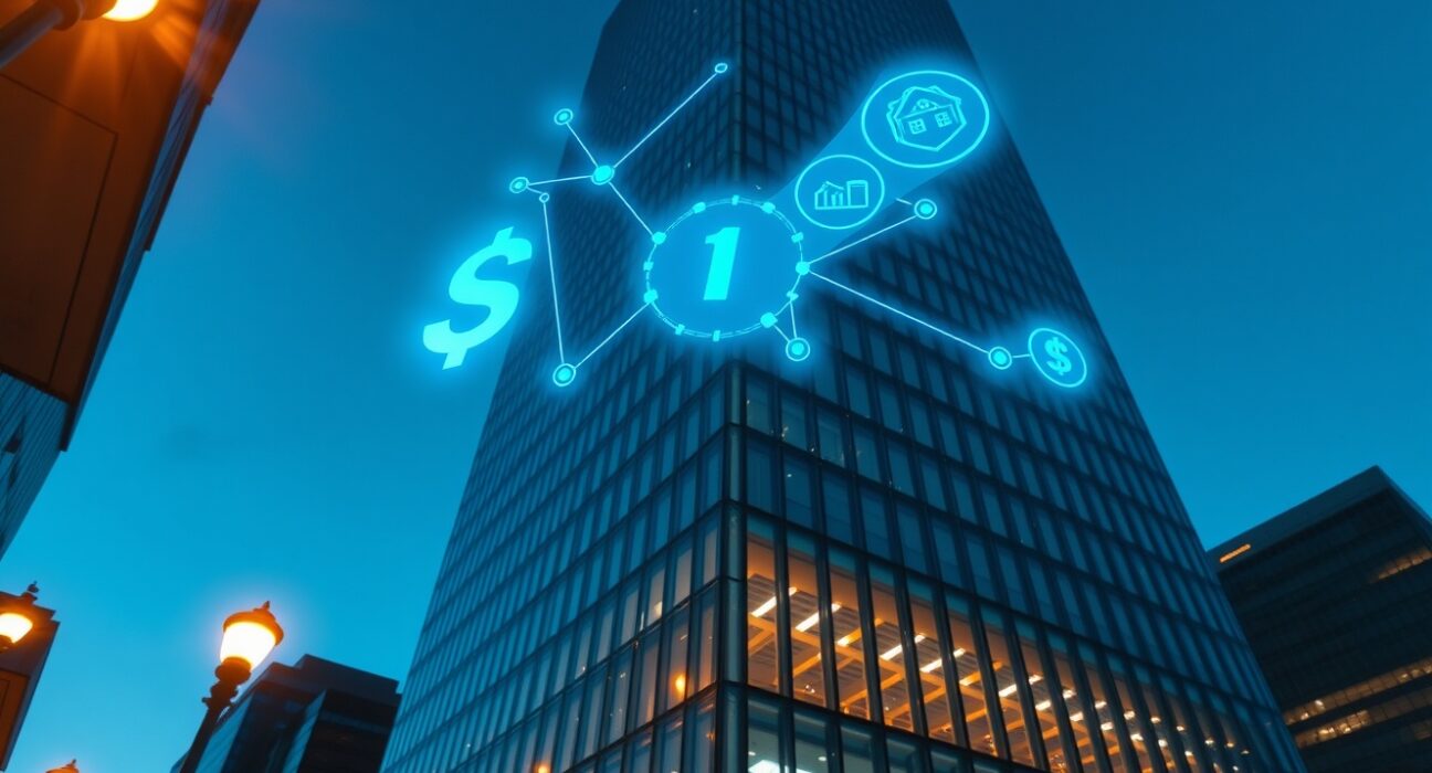 Digital blockchain network overlay on a modern financial district skyscraper at dusk, representing DeFi and RWA tokenization.