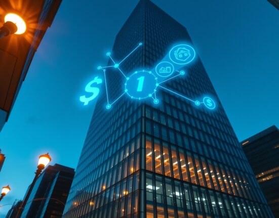 Digital blockchain network overlay on a modern financial district skyscraper at dusk, representing DeFi and RWA tokenization.