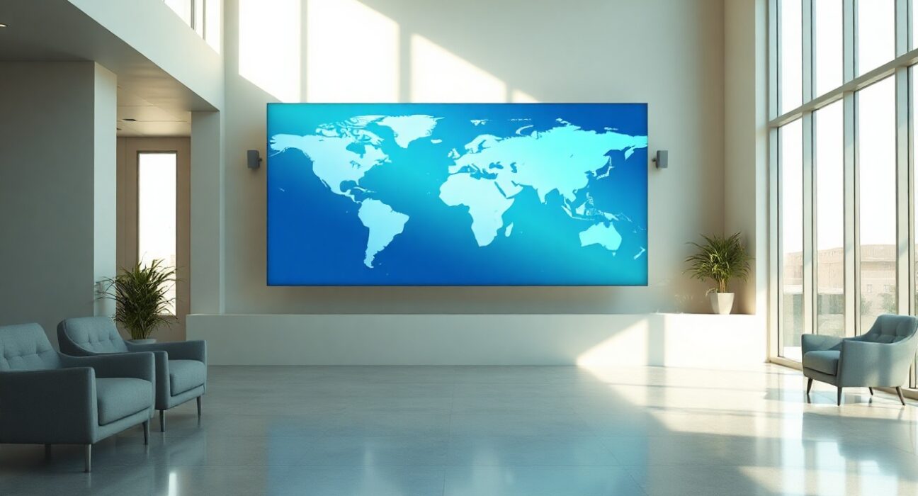 Digital world map highlighting Latin America and APAC in a modern office lobby, representing Trace Finance's expansion plans.
