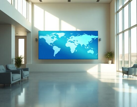 Digital world map highlighting Latin America and APAC in a modern office lobby, representing Trace Finance's expansion plans.