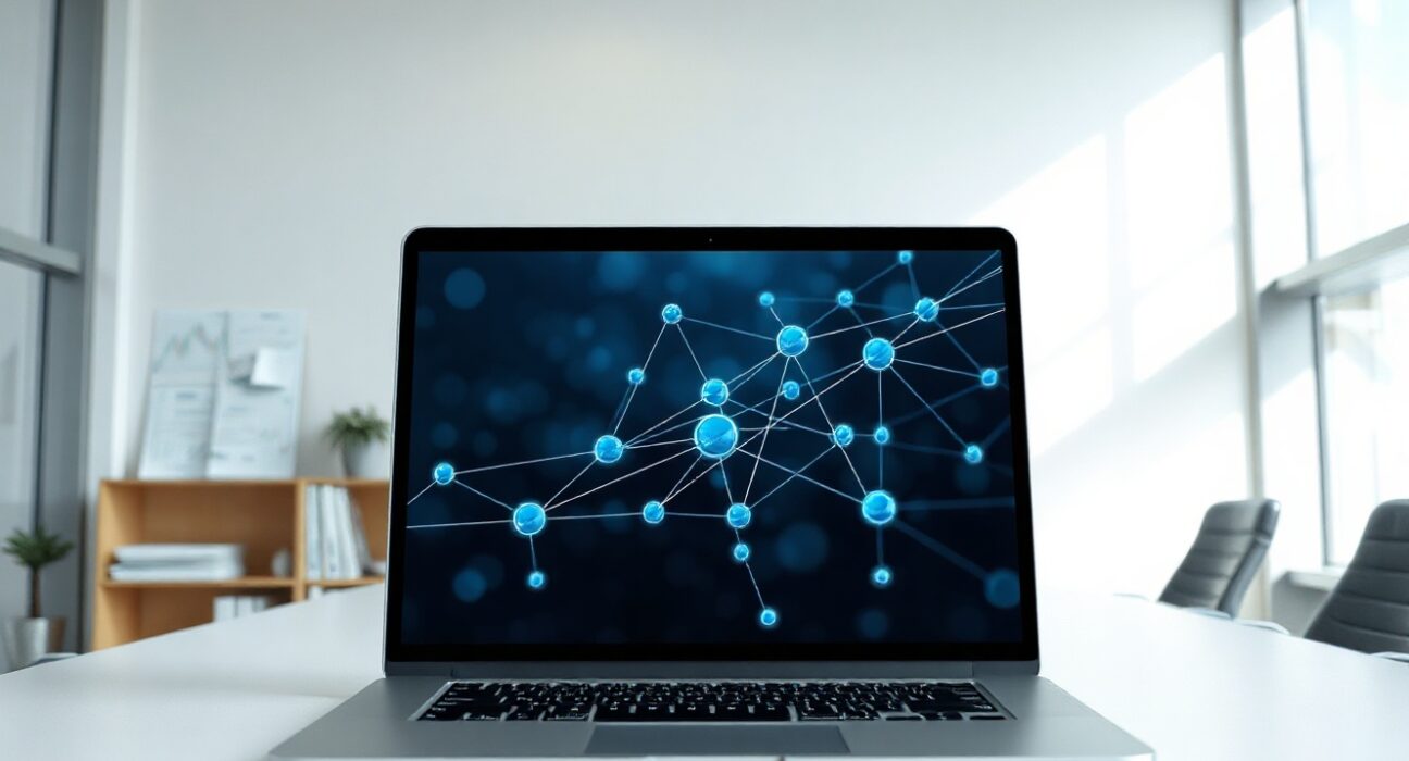 Modern office desk with laptop showing blockchain network visualization and financial documents