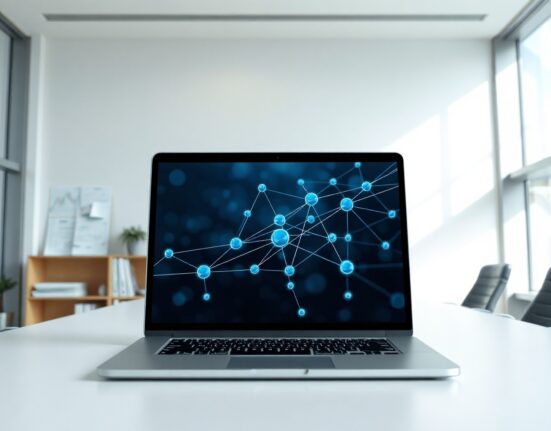 Modern office desk with laptop showing blockchain network visualization and financial documents