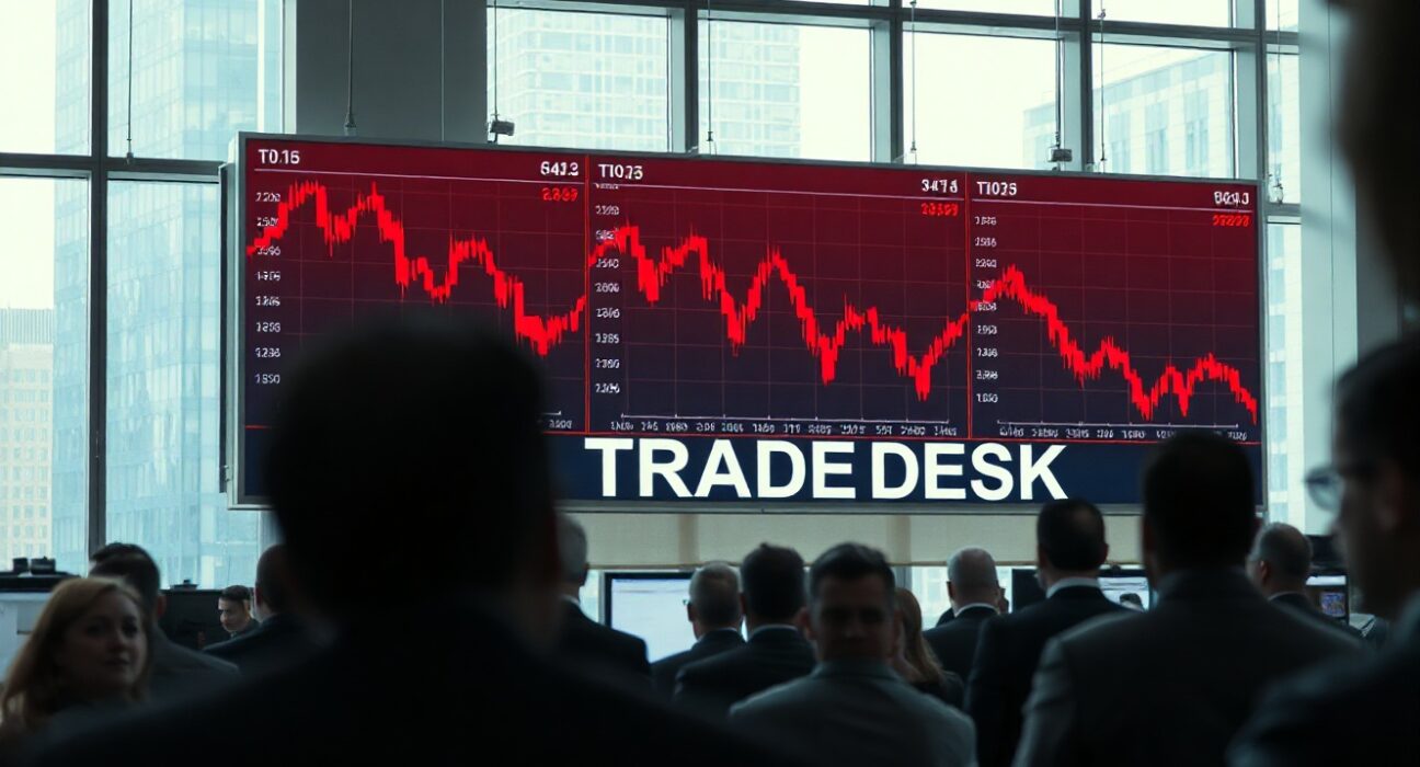 Stock market display showing declining charts for The Trade Desk