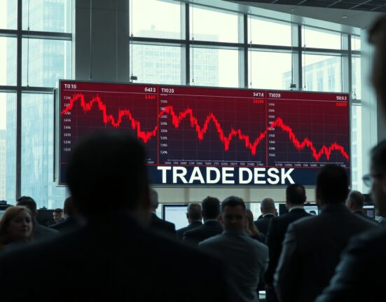 Stock market display showing declining charts for The Trade Desk
