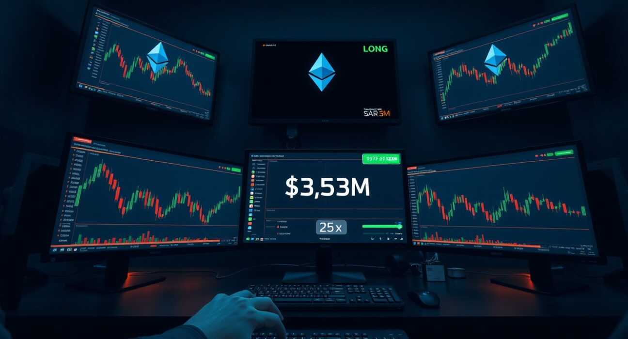 Crypto trading desk with monitors showing Ethereum charts and a large leveraged long position