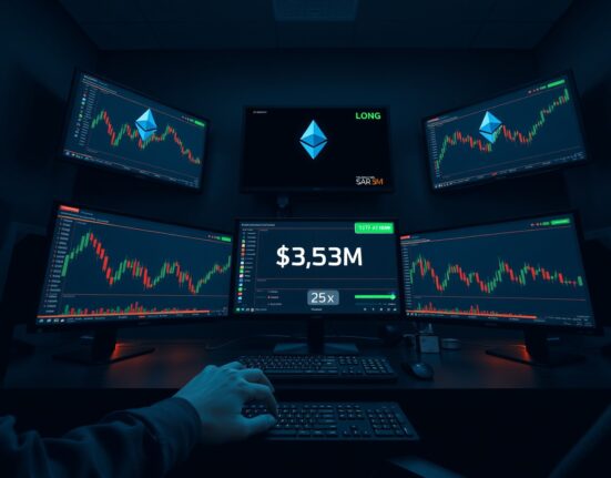 Crypto trading desk with monitors showing Ethereum charts and a large leveraged long position