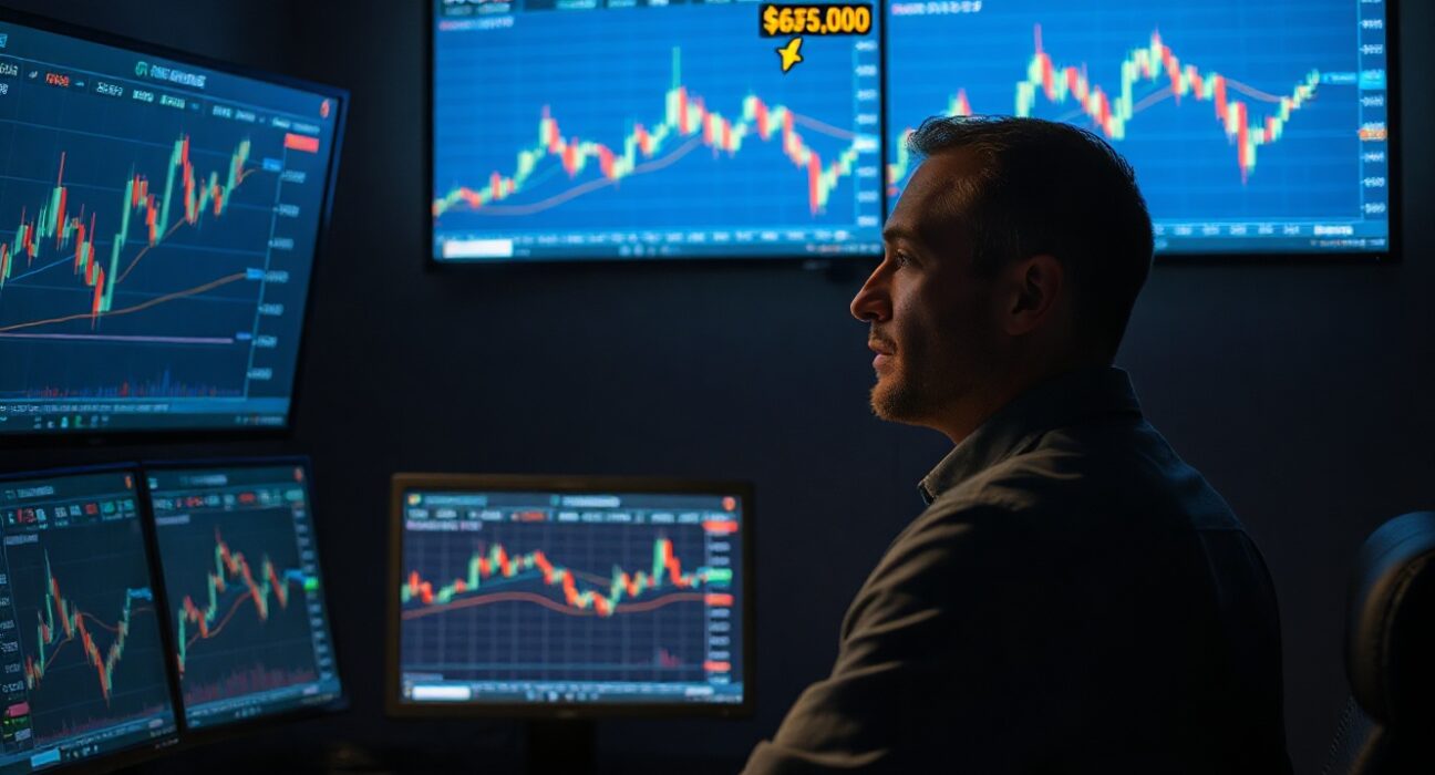 Trader analyzing Bitcoin price charts on multiple monitors in a dark trading room